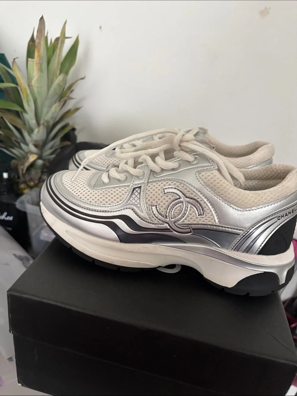 CHANEL White and Silver Mesh Chunky Sneakers
